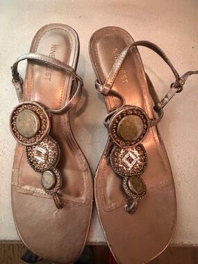 Nine West Metallic Bronze Beaded T-Strap Sandals
